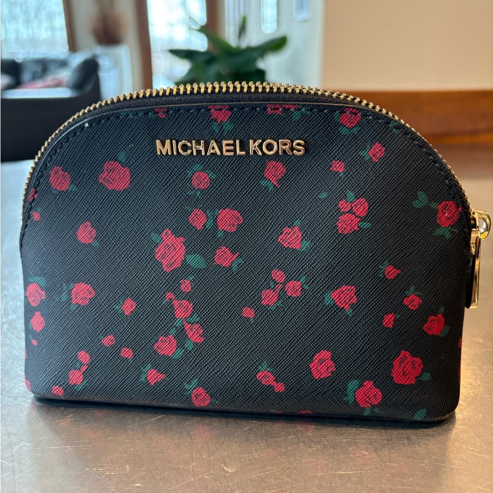 Michael Kors Black and Red Rose Cosmetic Pouch